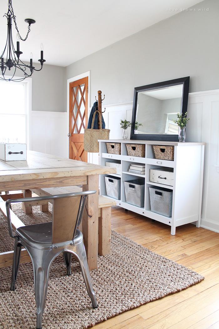 A simple storage credenza turns into functional entryway storage AND a dining room buffet. See more photos at LoveGrowsWild.com