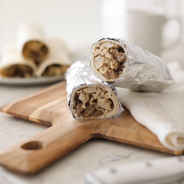 Healthy, easy sausage egg breakfast burritos