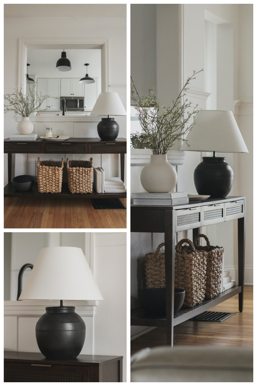 A beautiful dark wood console table styled in the home of blogger and interior decorator Liz Fourez