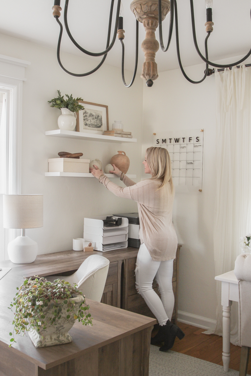 Home blogger and interior decorator Liz Fourez shares her home office that features antique furniture as the perfect storage pieces for her business.