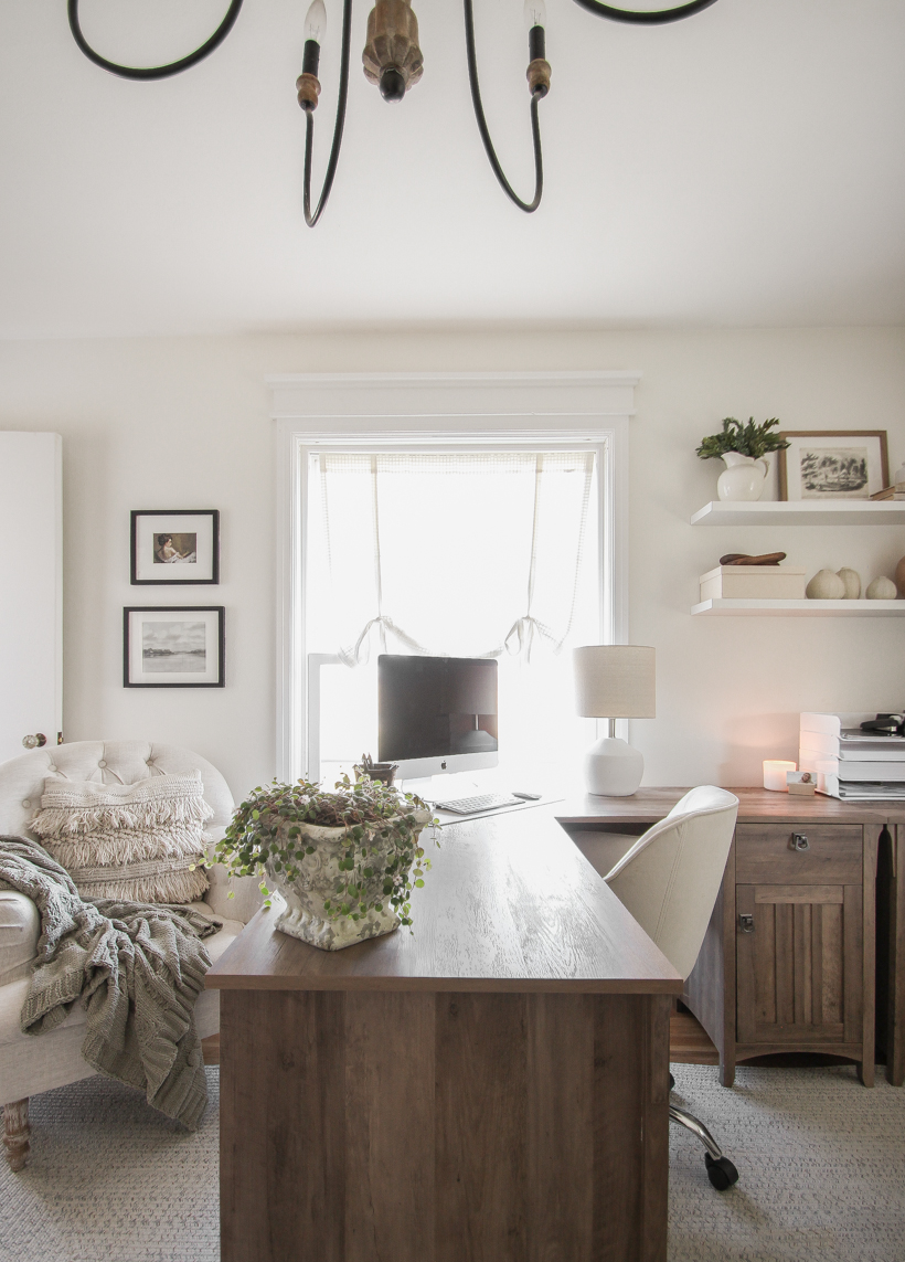 Home blogger and interior decorator Liz Fourez shares her home office that features antique furniture as the perfect storage pieces for her business.