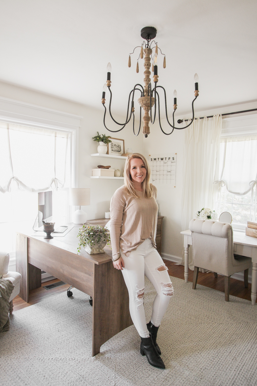 Home blogger and interior decorator Liz Fourez shares her home office that features antique furniture as the perfect storage pieces for her business.