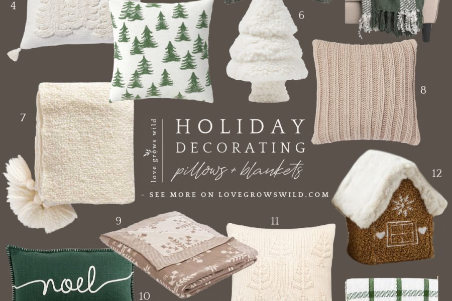 Pillows and blankets for holiday decorating curated by home blogger Liz Fourez