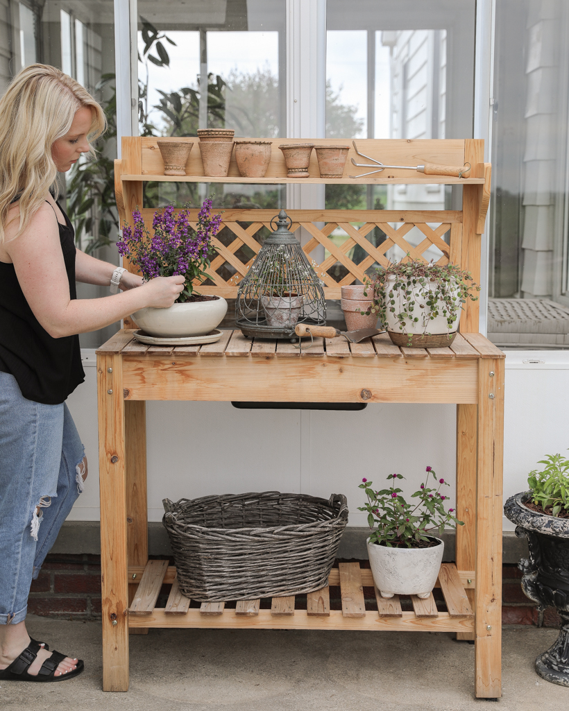 Styled potting bench with plants