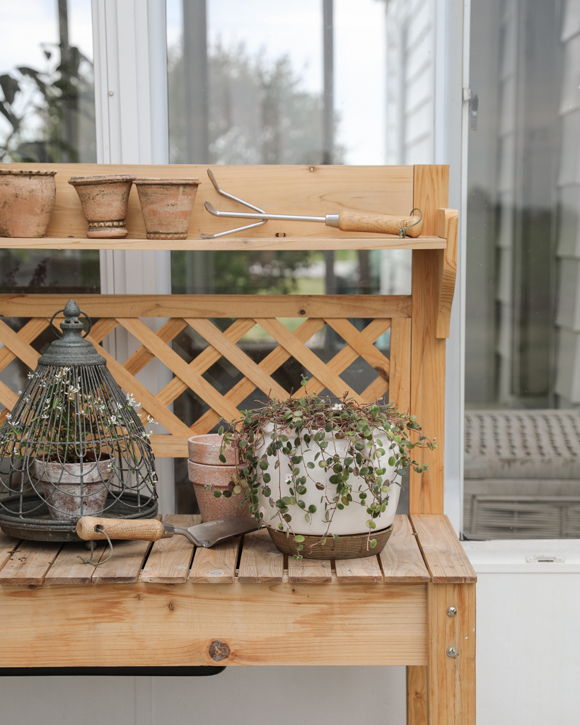 Styled potting bench with plants