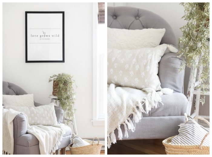 A lovely casual home office with lots of light, soft textures, and gorgeous greenery. 