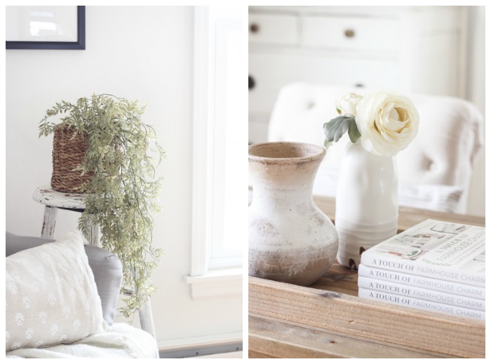 A lovely casual home office with lots of light, soft textures, and gorgeous greenery. 